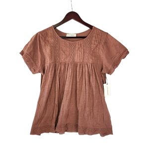 Lucky Brand Women's Med Lace Dolman T-Shirt Top Cotton Boho Pintuck Blouse NWT